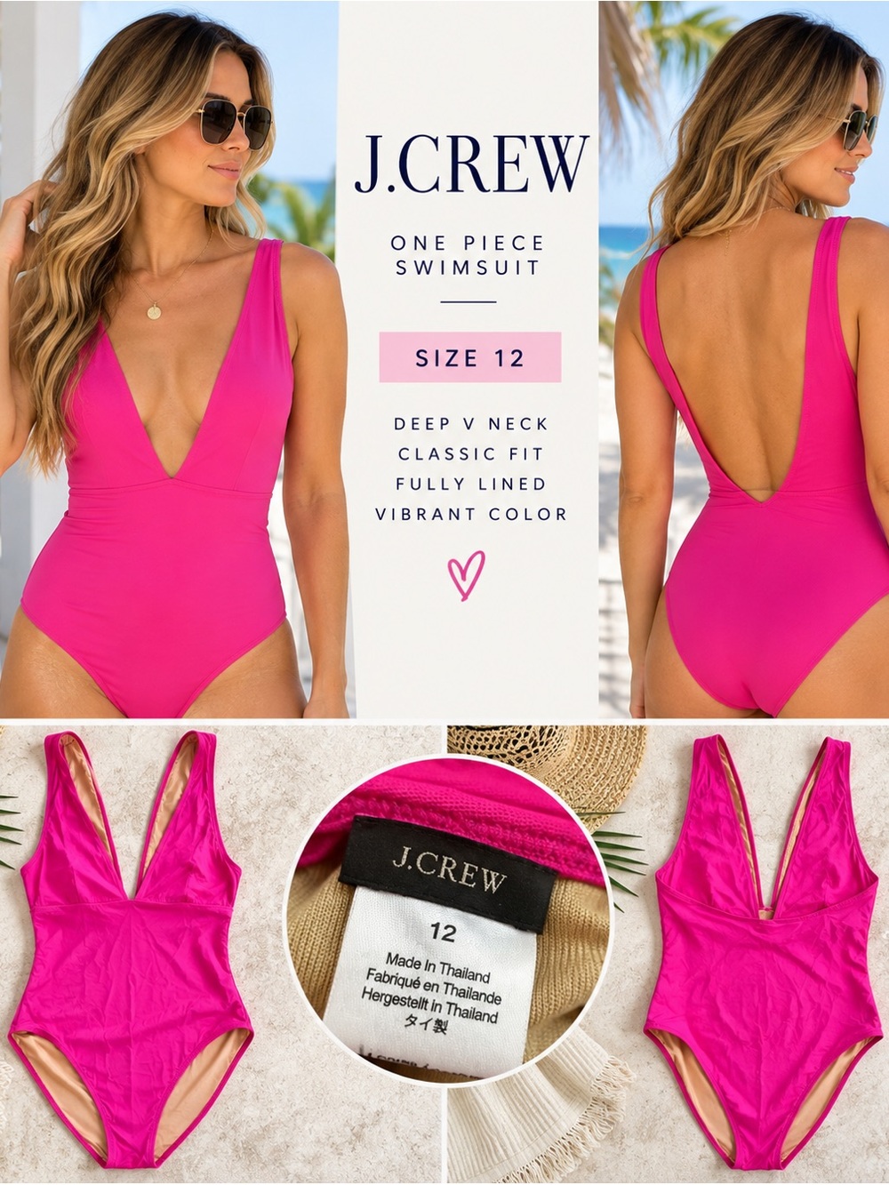 J.Crew Hot Pink Plunge One Piece Swimsuit Size 12 Deep V Neck